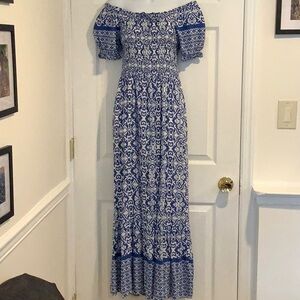 SAPPHIRE Blue/White Ruffle Smocked On/Off The Shoulder Peasant Prairie Dress M